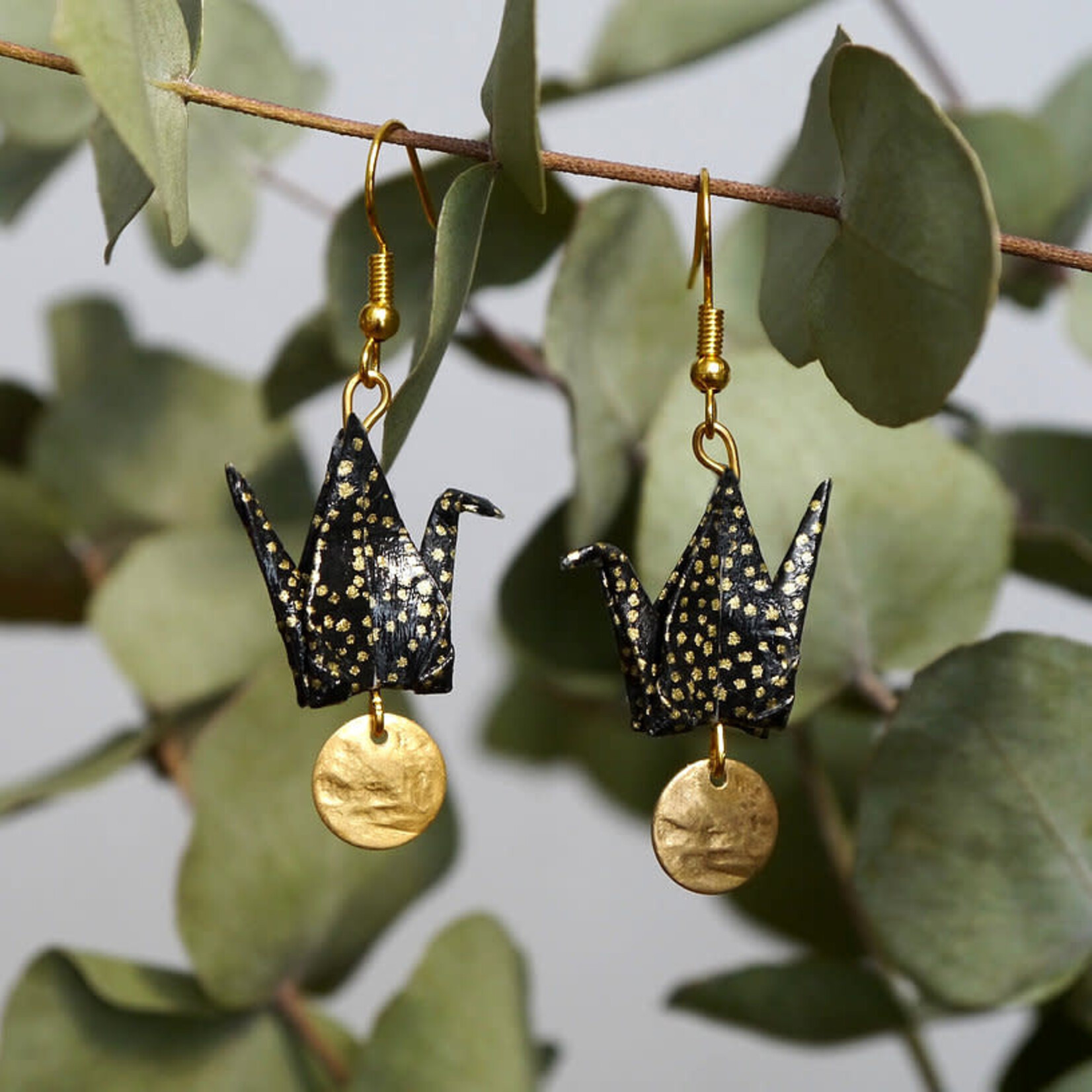 Origami Earrings - Cranes and Gold Sequins