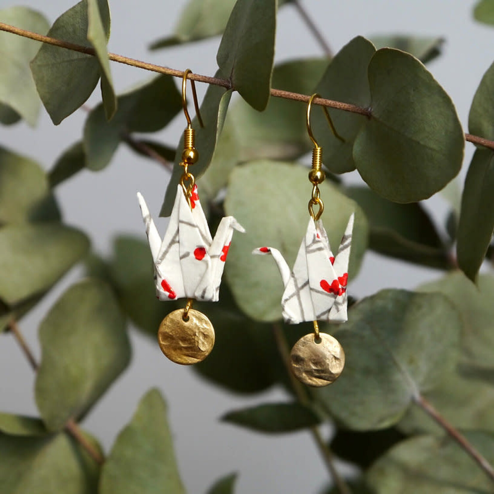 Origami Earrings - Cranes and Gold Sequins