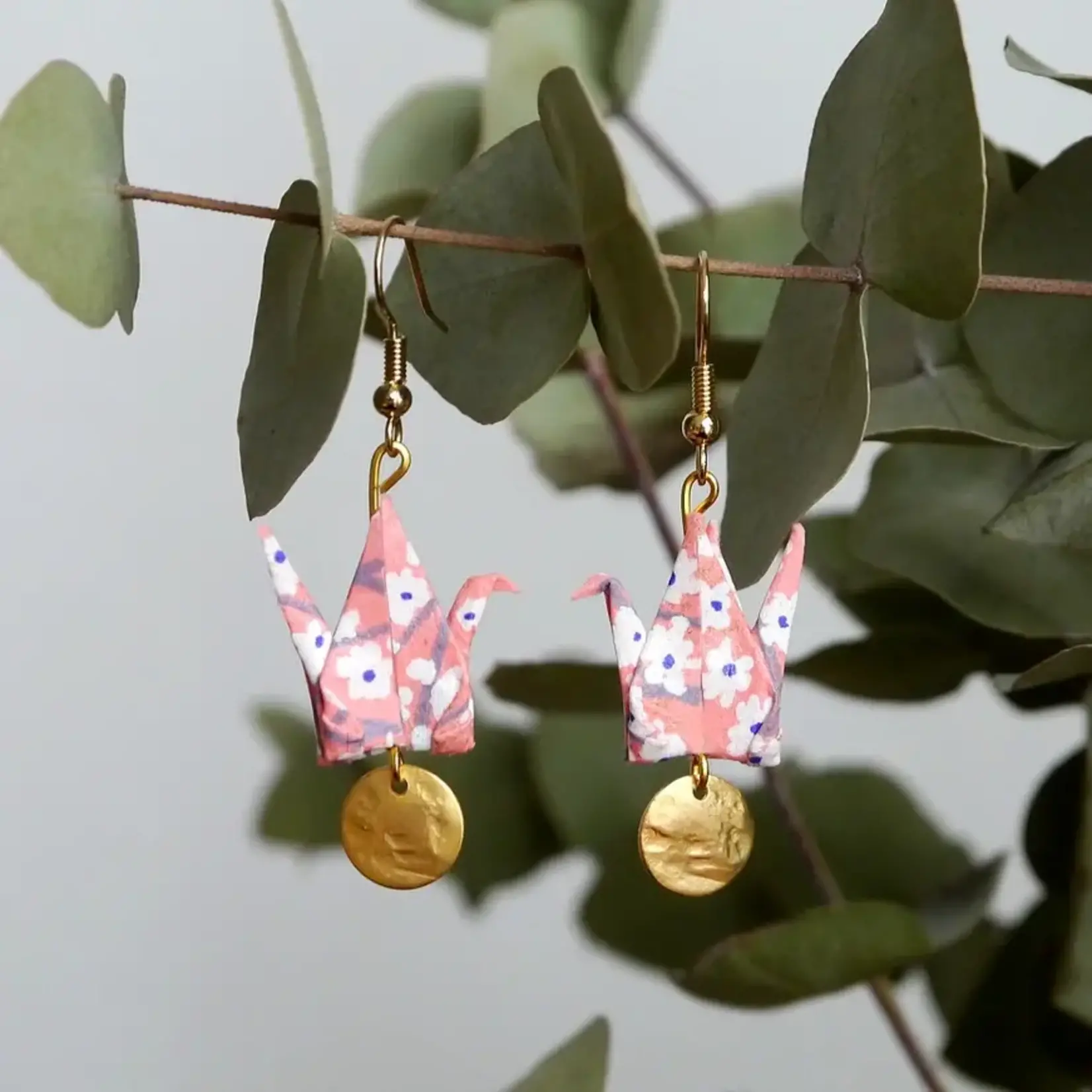 Origami Earrings - Cranes and Gold Sequins