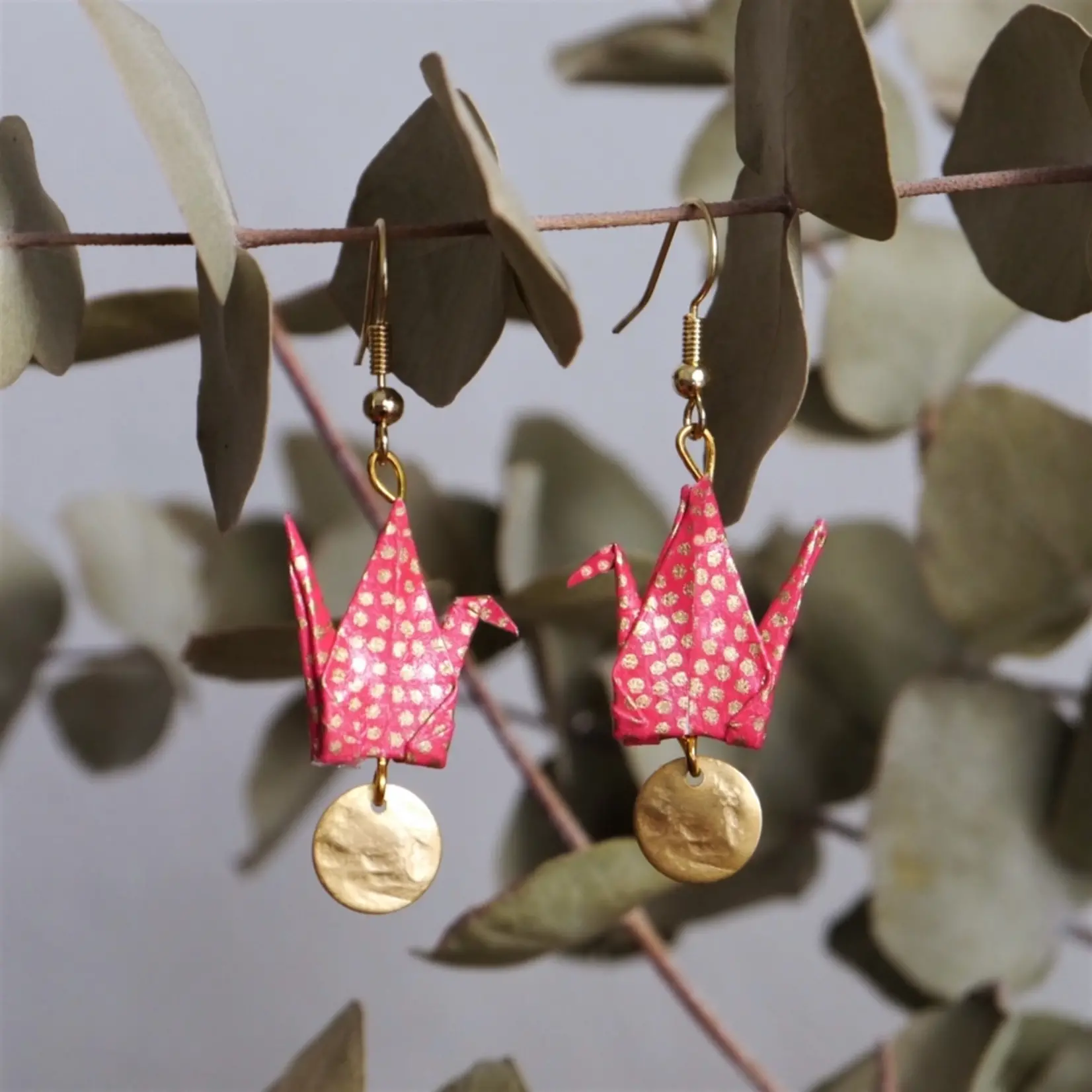 Origami Earrings - Cranes and Gold Sequins