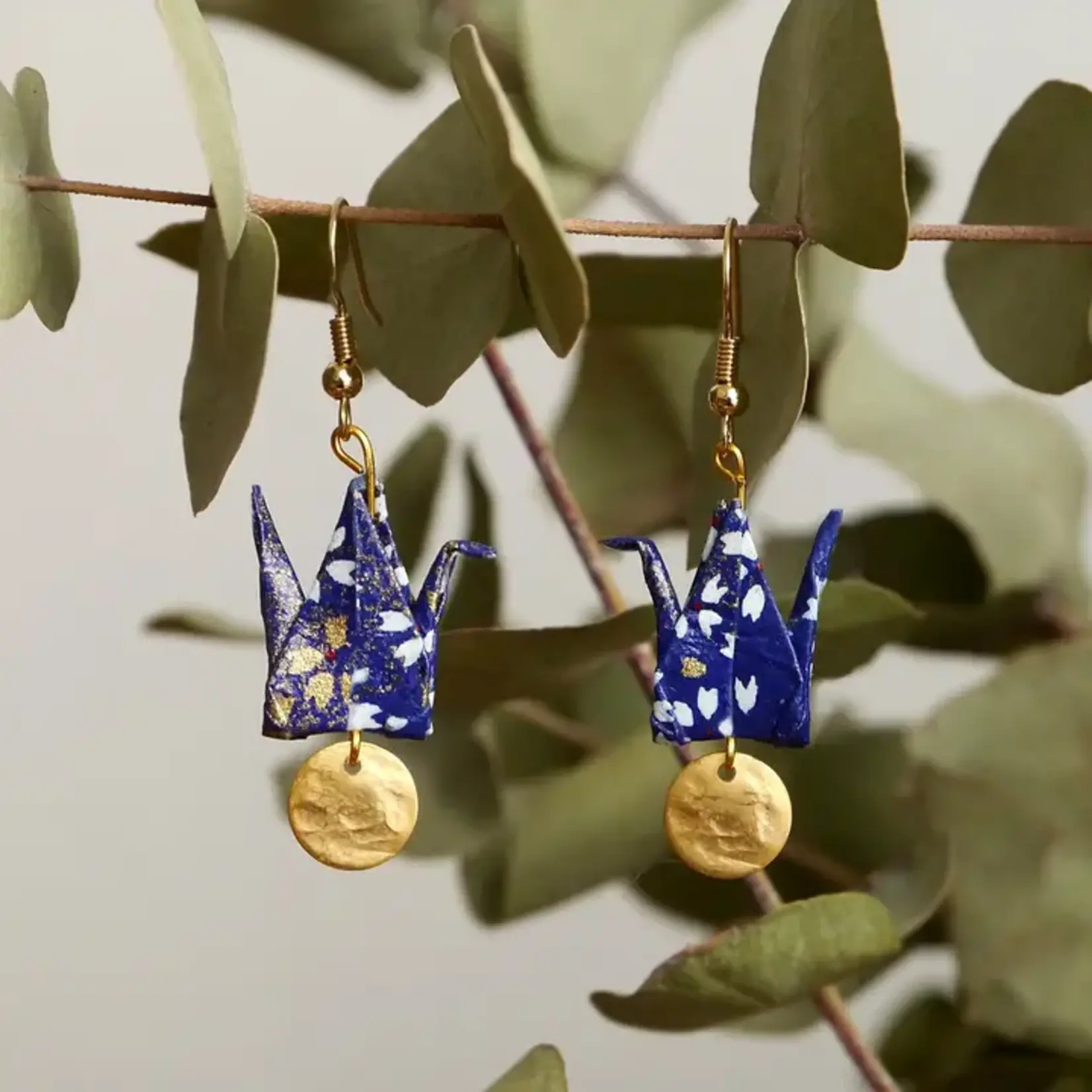 Origami Earrings - Cranes and Gold Sequins