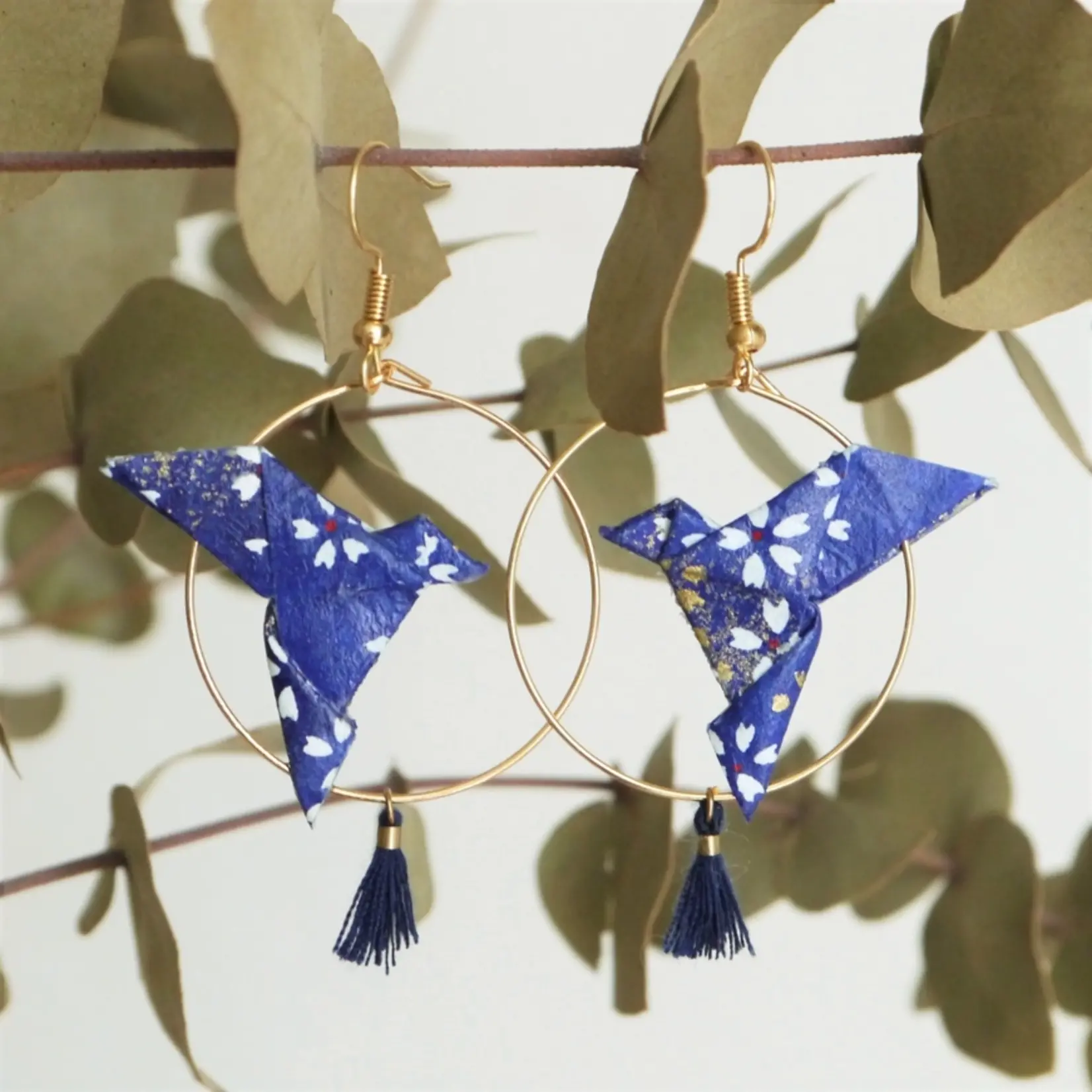 Origami Hoop Earrings - Doves and Pompoms