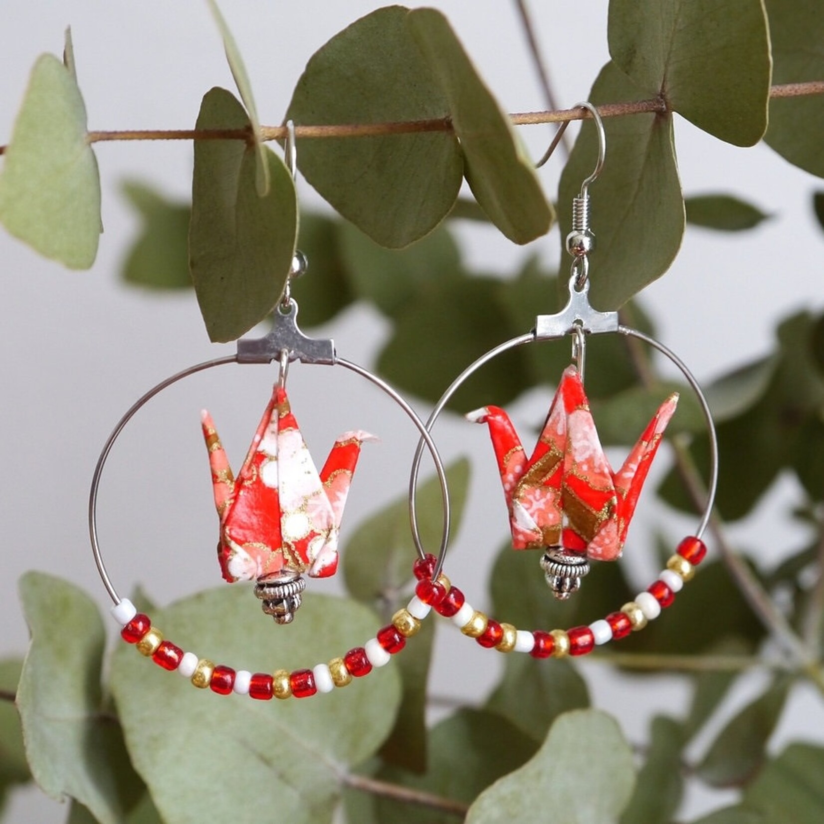 Cranes and Pearls Hoop Earrings