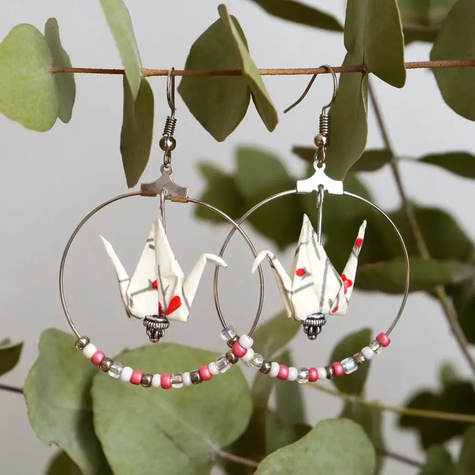 Cranes and Pearls Hoop Earrings