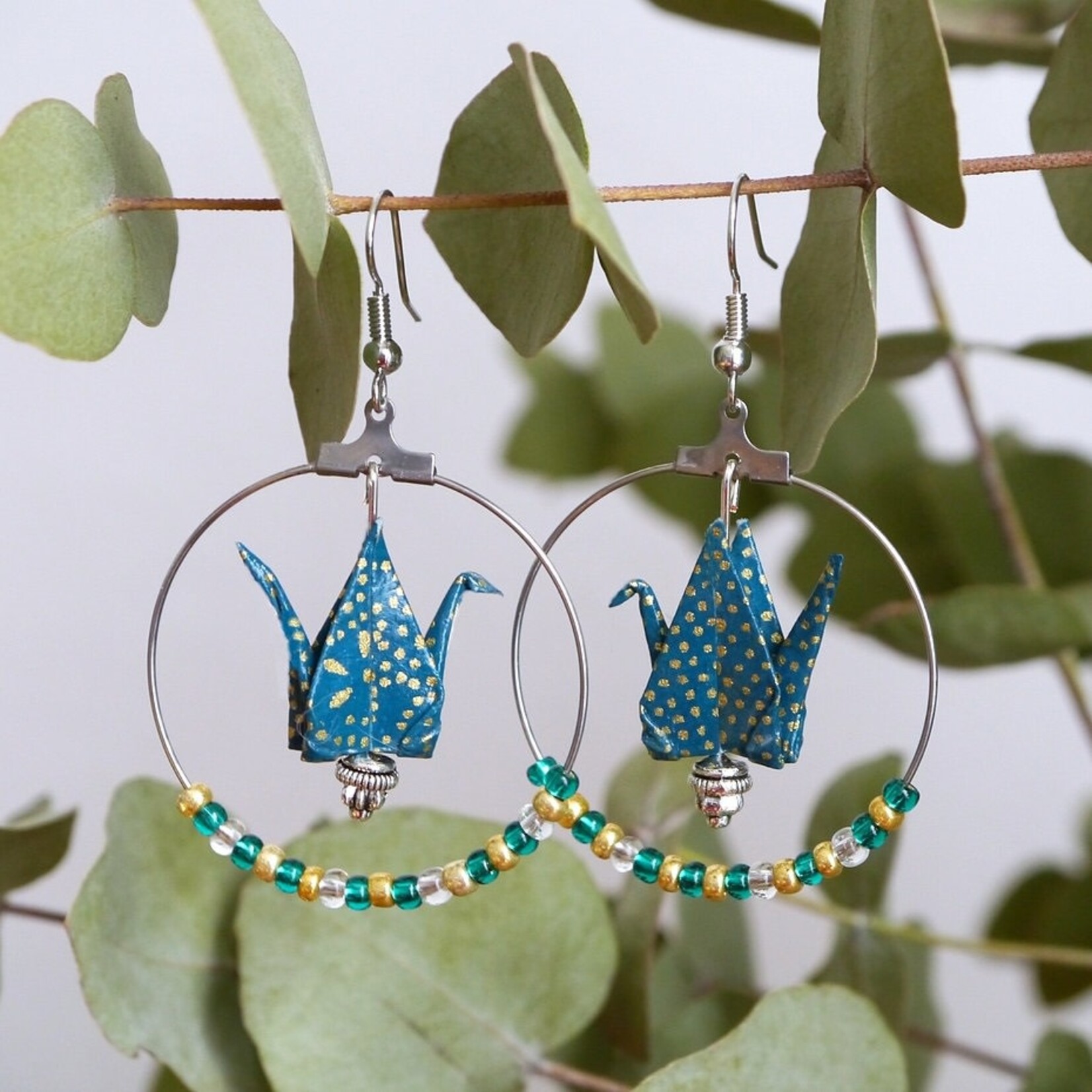 Cranes and Pearls Hoop Earrings