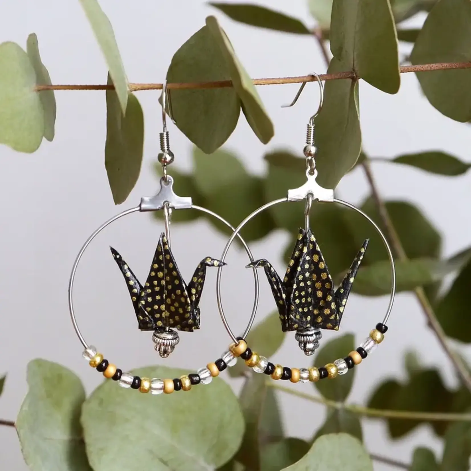 Cranes and Pearls Hoop Earrings