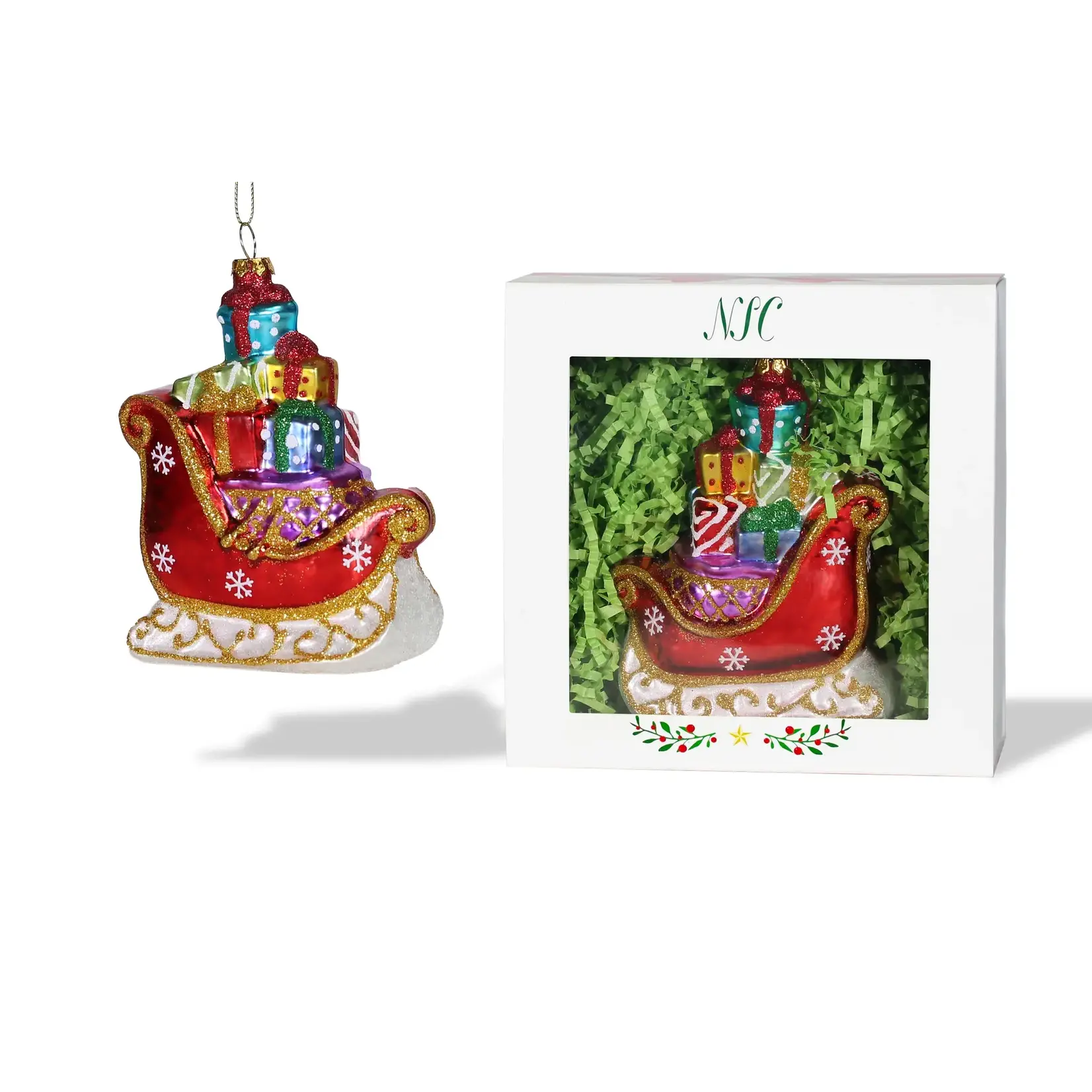 Sleigh with Gifts Glass Ornament