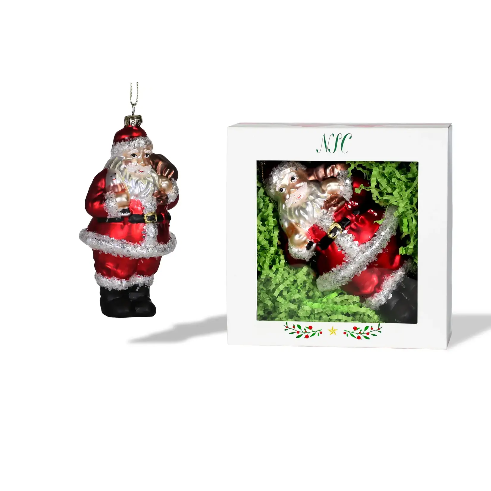 Santa with Gifts Glass Ornament