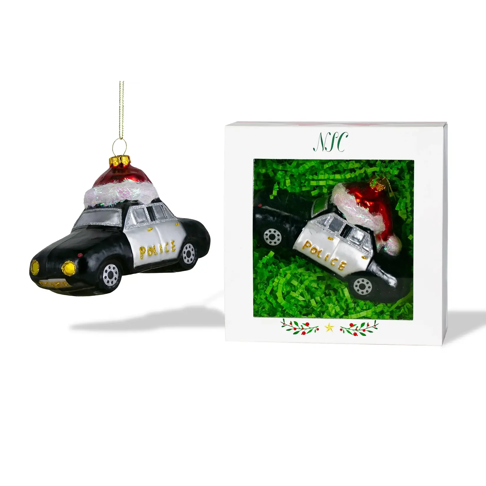 Santa Police Car Glass Ornament