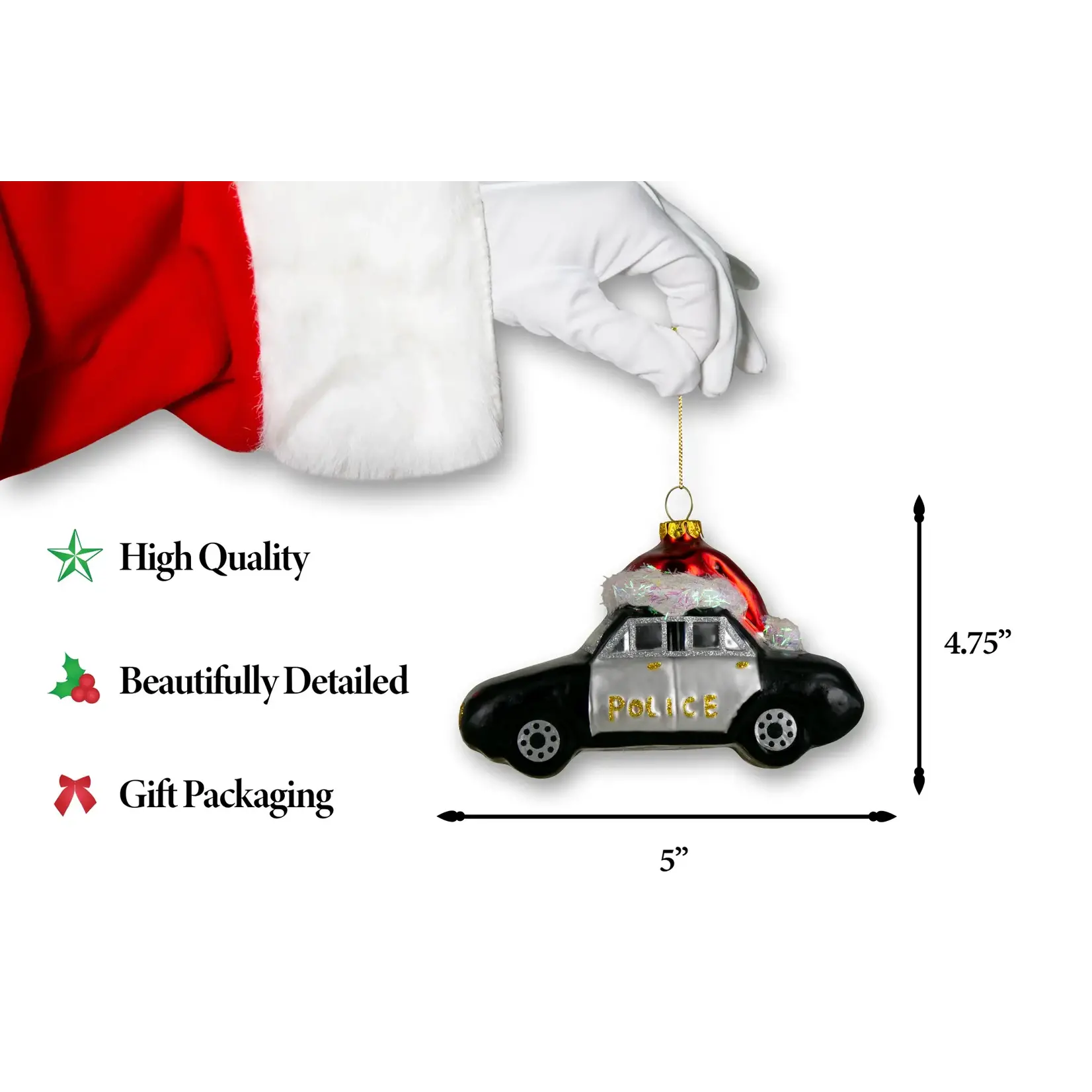 Santa Police Car Glass Ornament