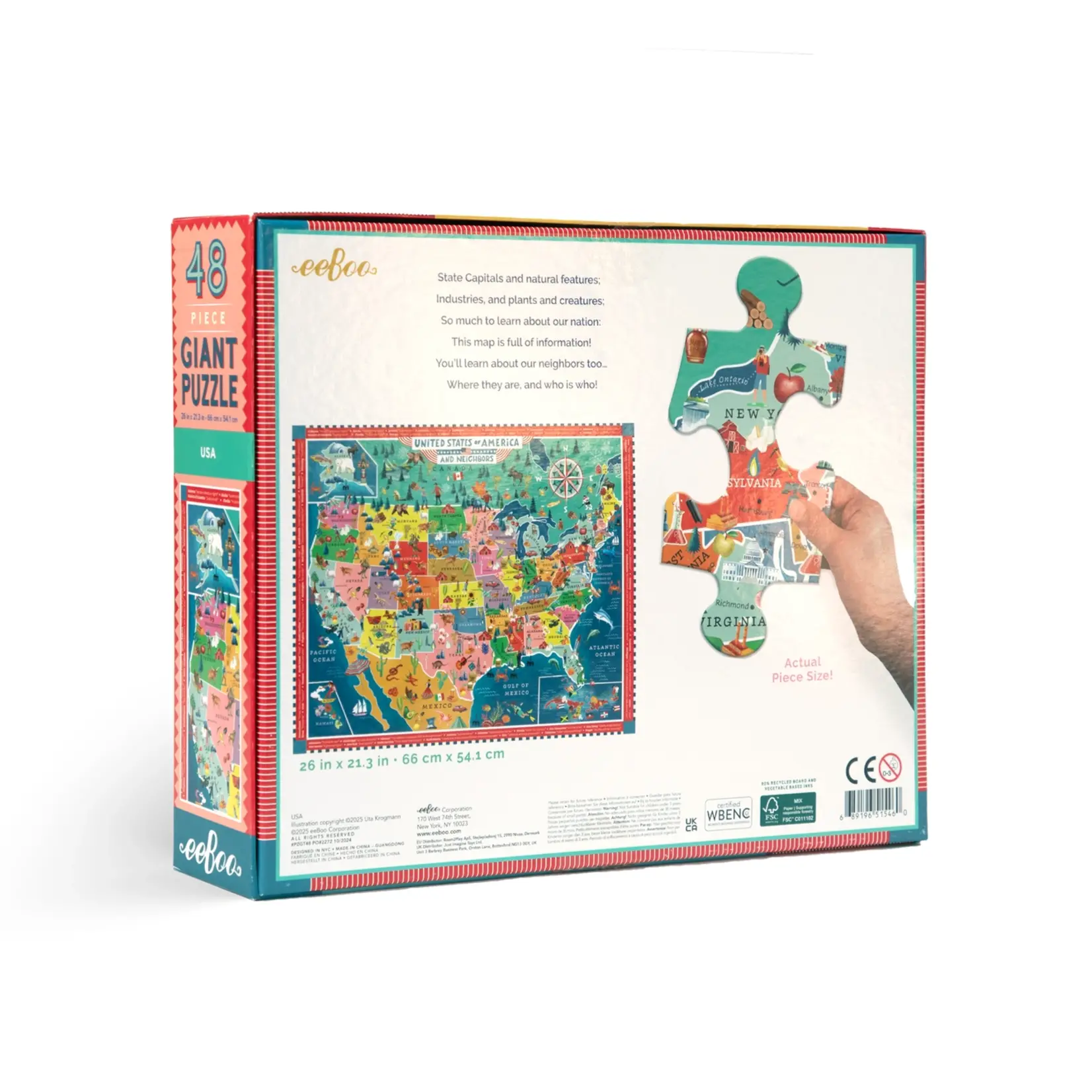 eeboo USA Map 48 Piece Giant Puzzle