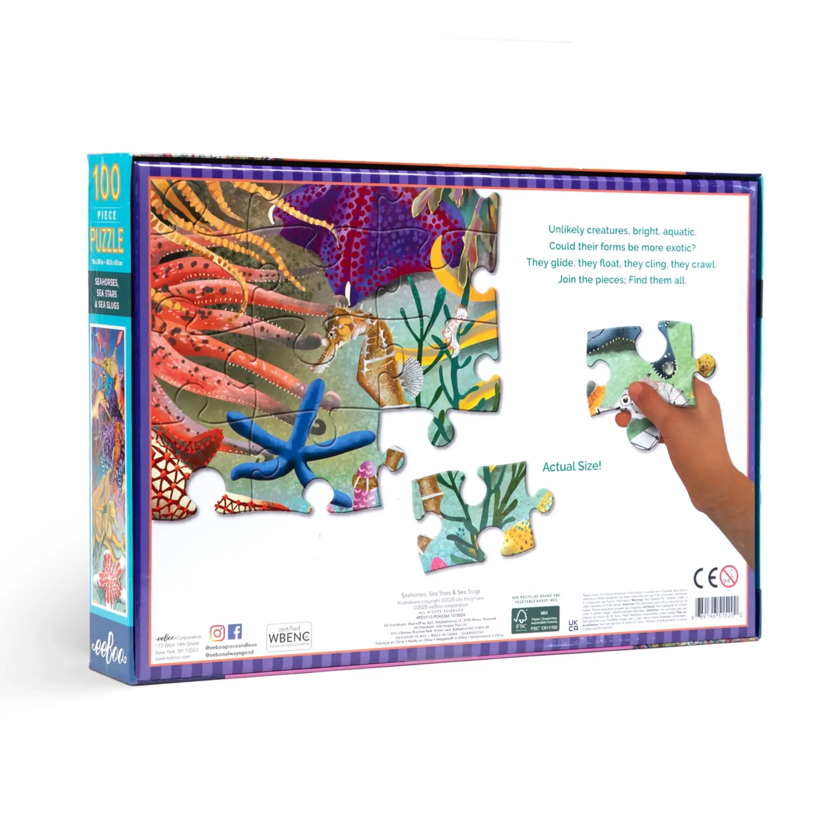 eeboo Seahorses, Sea Stars & Sea Slugs 100 Piece Rectangle Puzzle