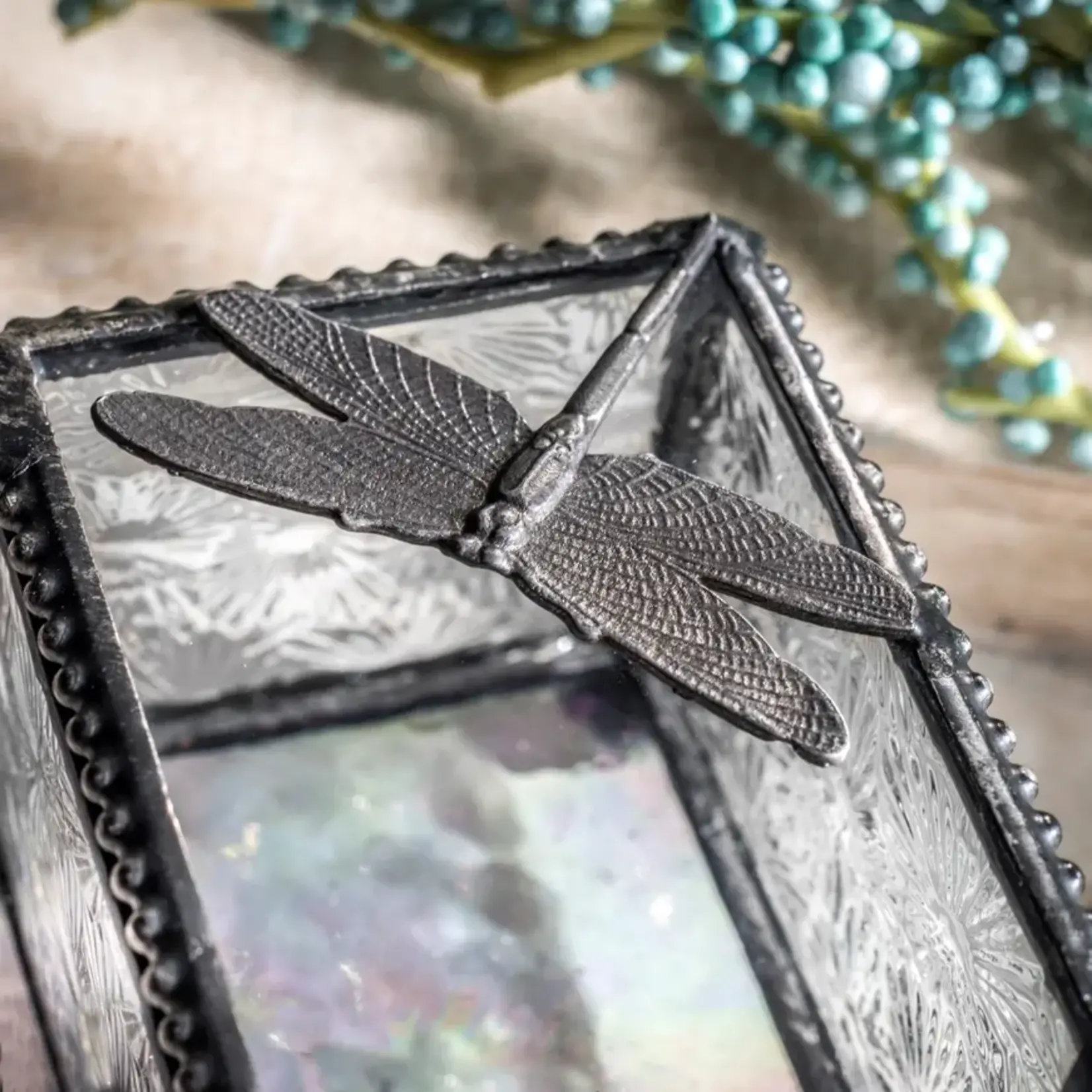 Clear Vintage Stained Glass Dragonfly Trinket Box