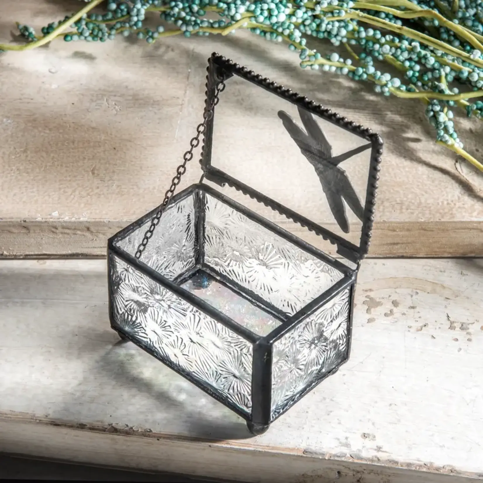 Clear Vintage Stained Glass Dragonfly Trinket Box