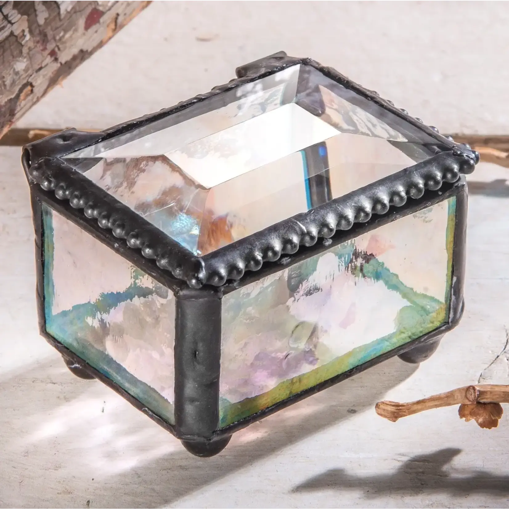Small Stained Glass Trinket Box - Clear Iridescent
