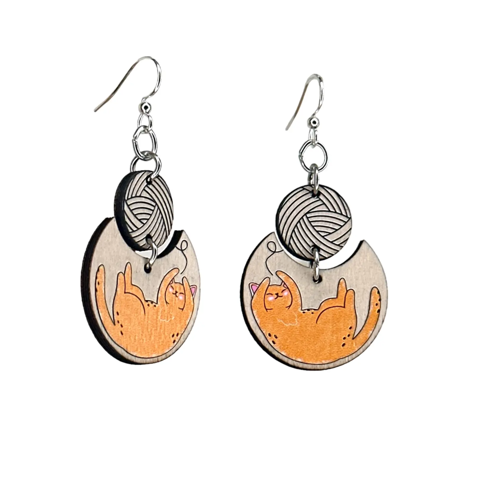 Cat and Yarn Wooden Earrings