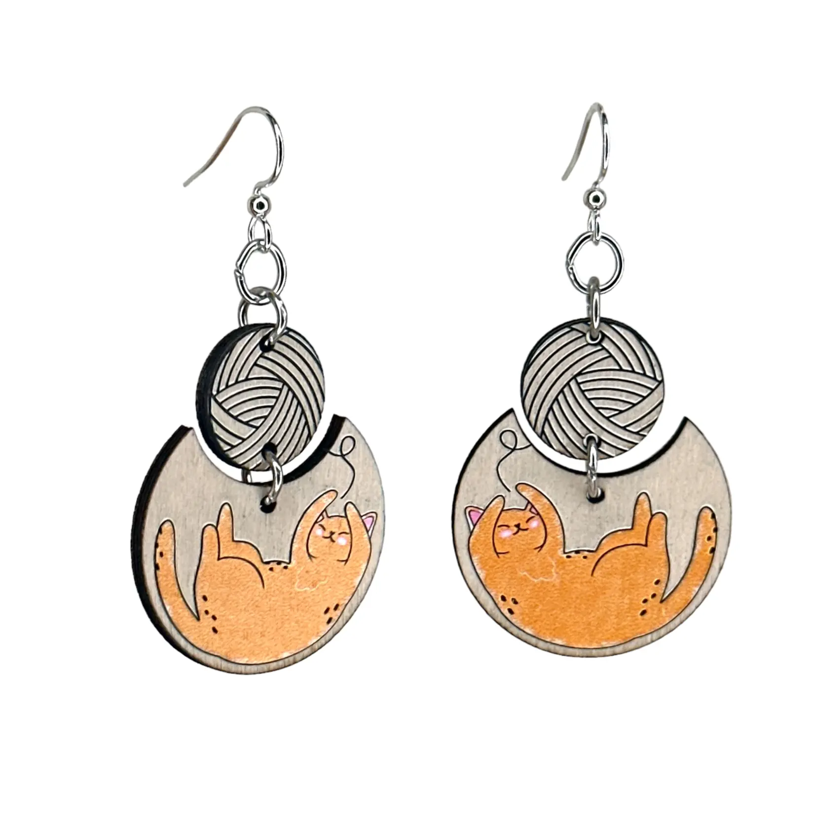 Cat and Yarn Wooden Earrings