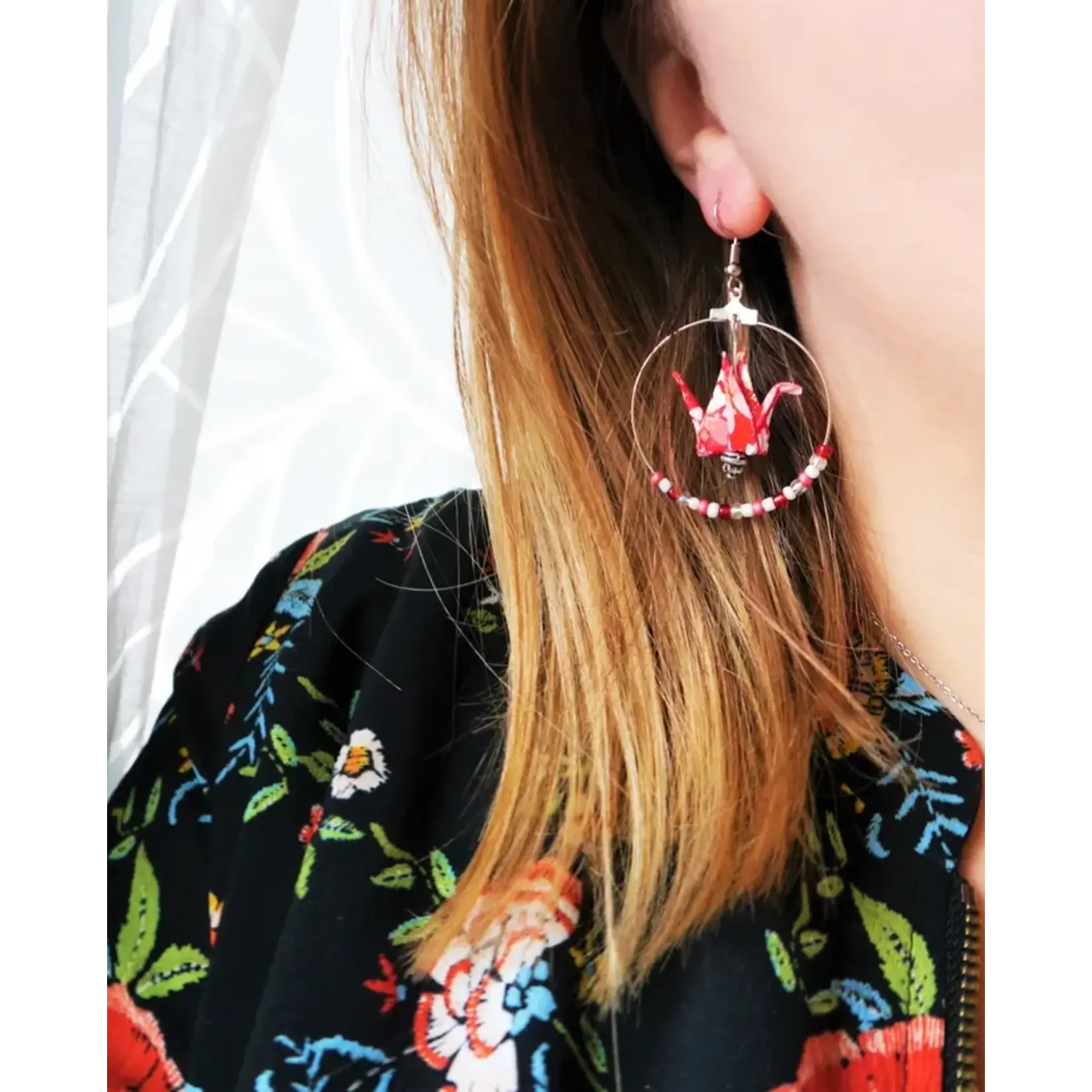 Cranes and Pearls Hoop Earrings