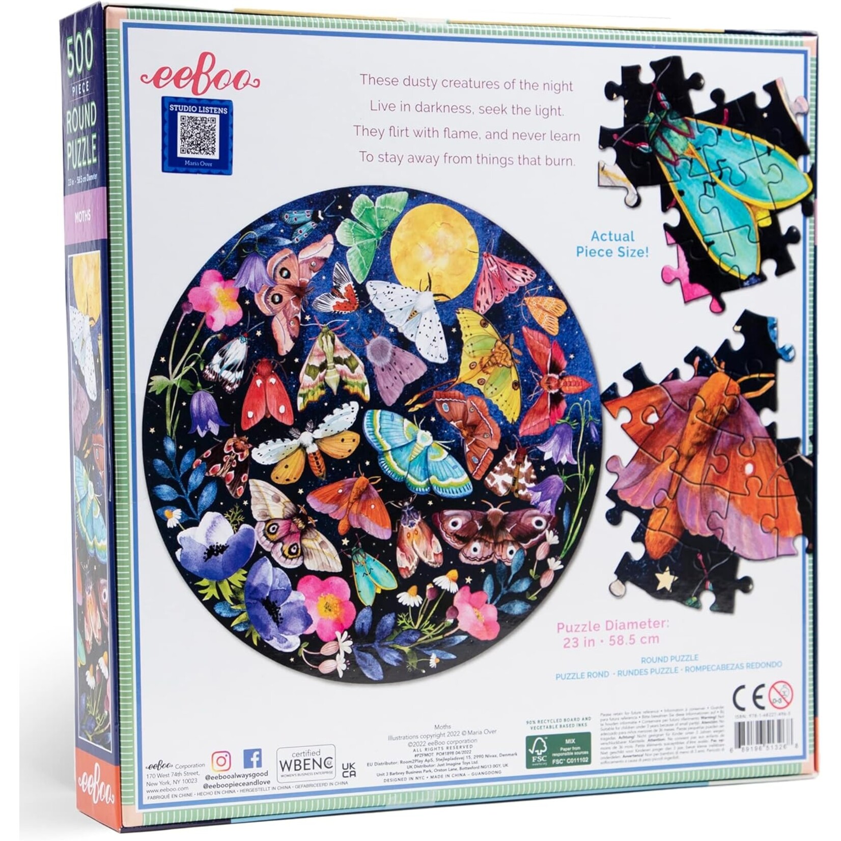 eeboo Moths 500 Piece Round Adult Jigsaw Puzzle