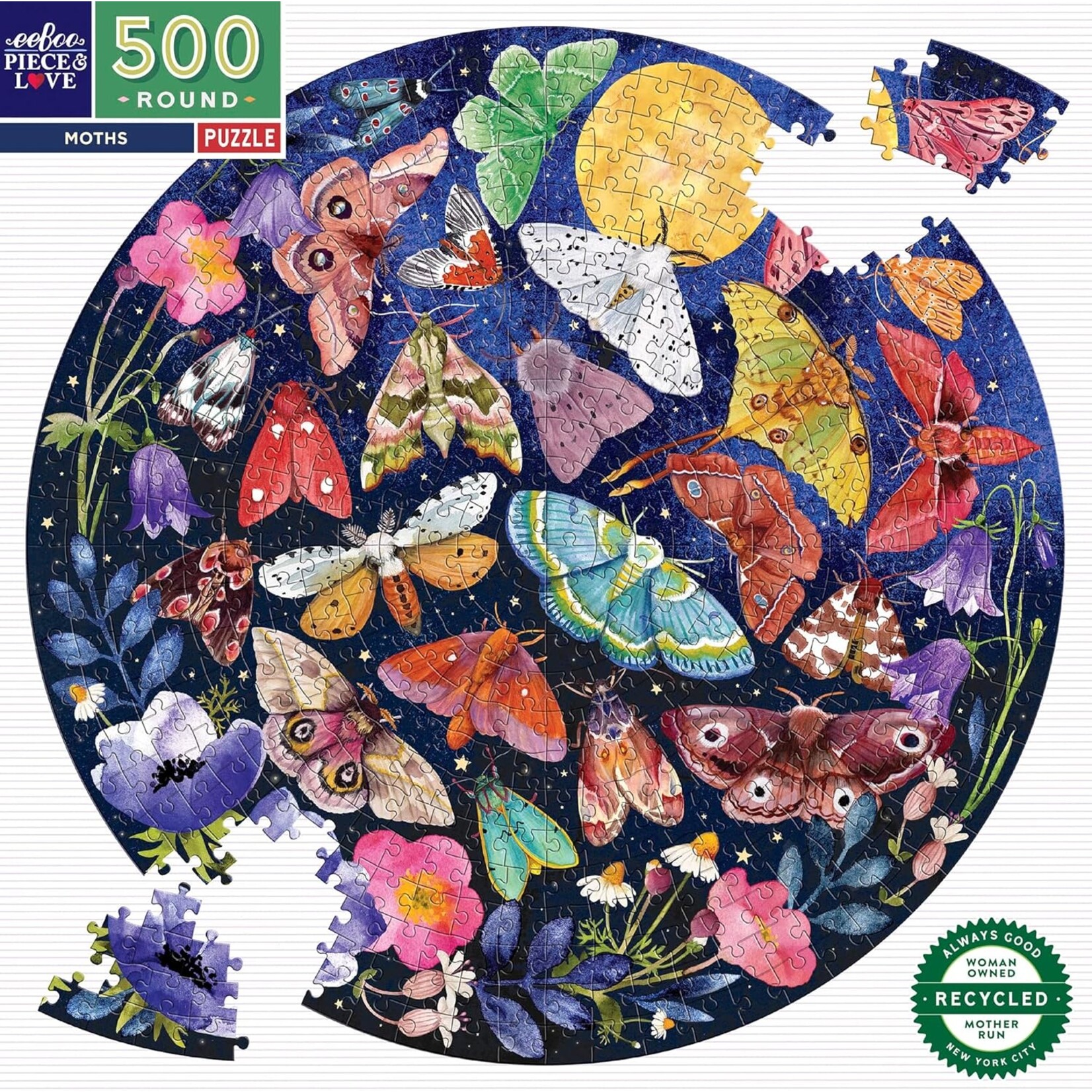 eeboo Moths 500 Piece Round Adult Jigsaw Puzzle