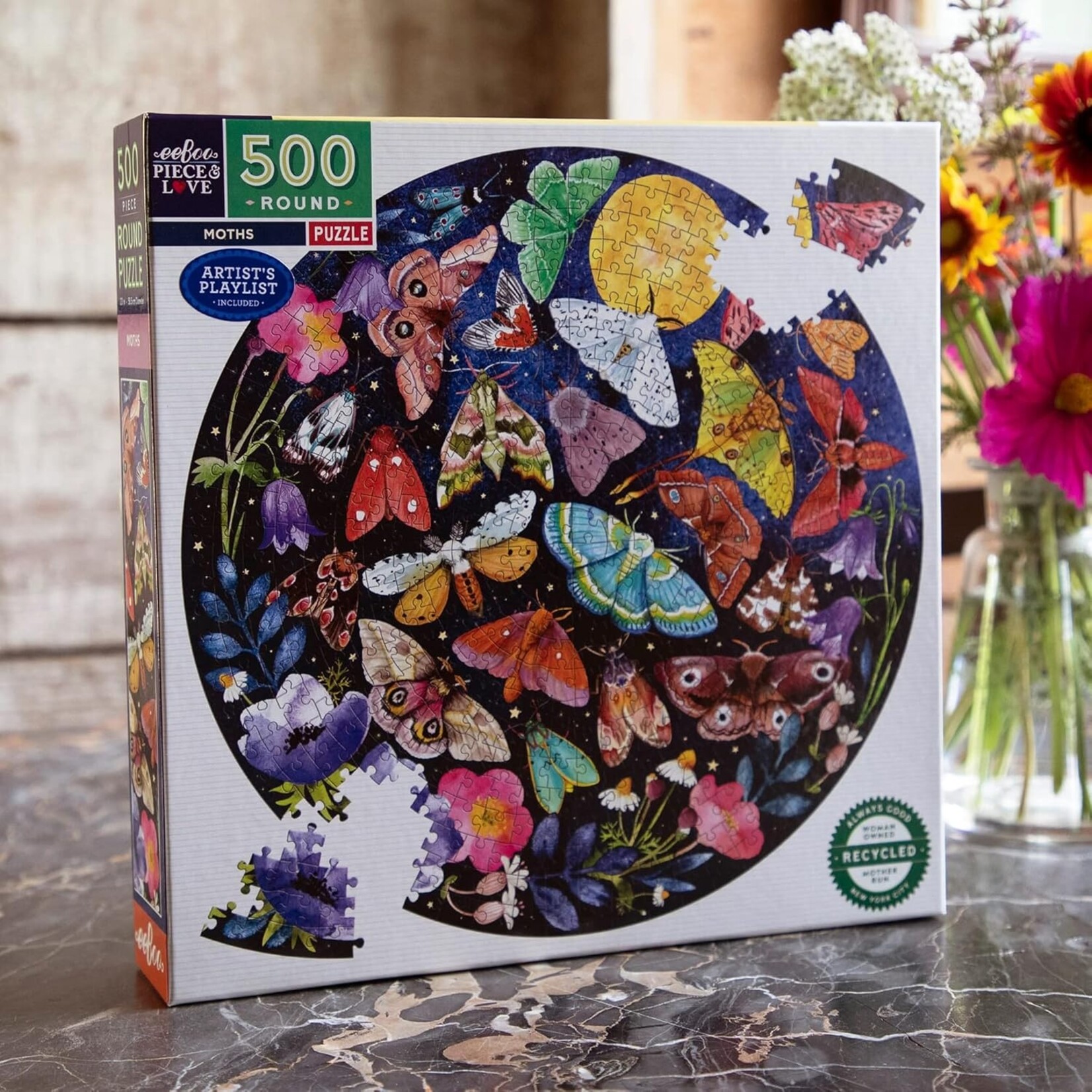 eeboo Moths 500 Piece Round Adult Jigsaw Puzzle