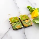 Green + Orange Floral Half Rectangle Stack Earrings