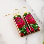 Japanese Bright Pink Peony Flower Tapered Rectangle Earrings