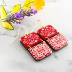Red + White Scandinavian Floral Half Rectangle Stack Earring