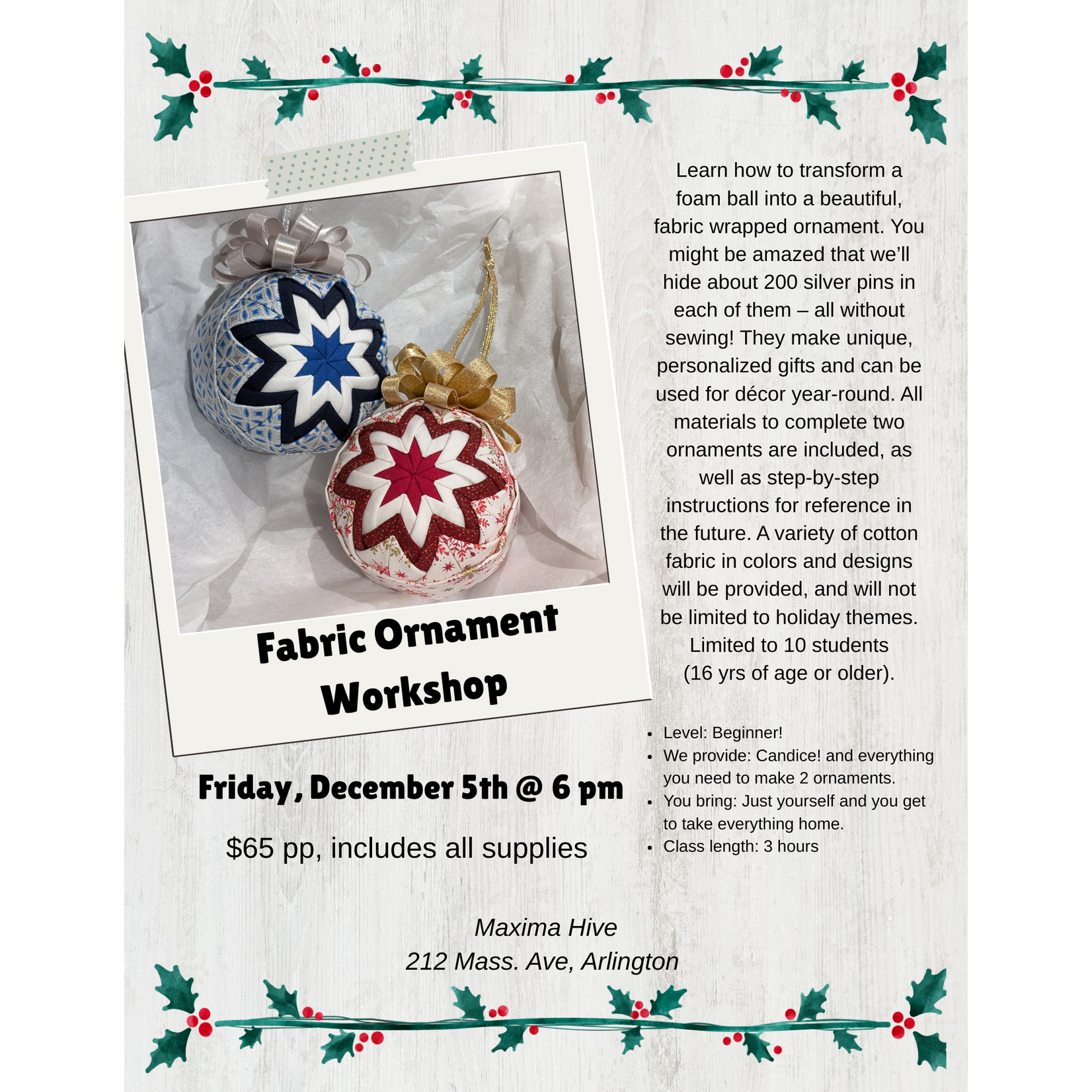 Fabric Ornament Workshop Dec. 5  @6PM
