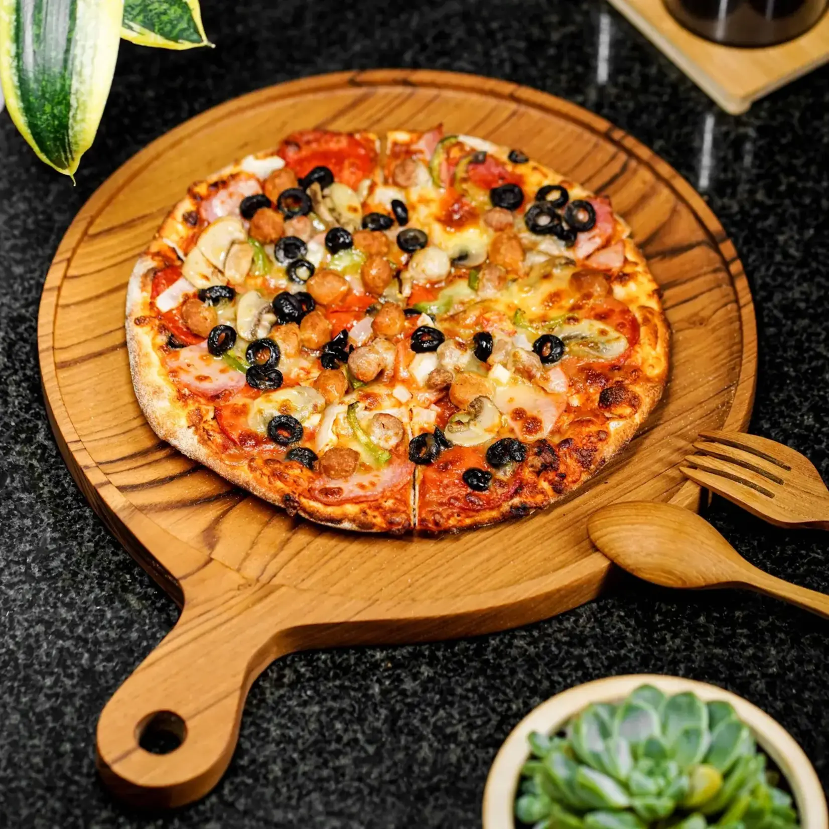 12" Teak Wood Pizza Board with Handle & Rim