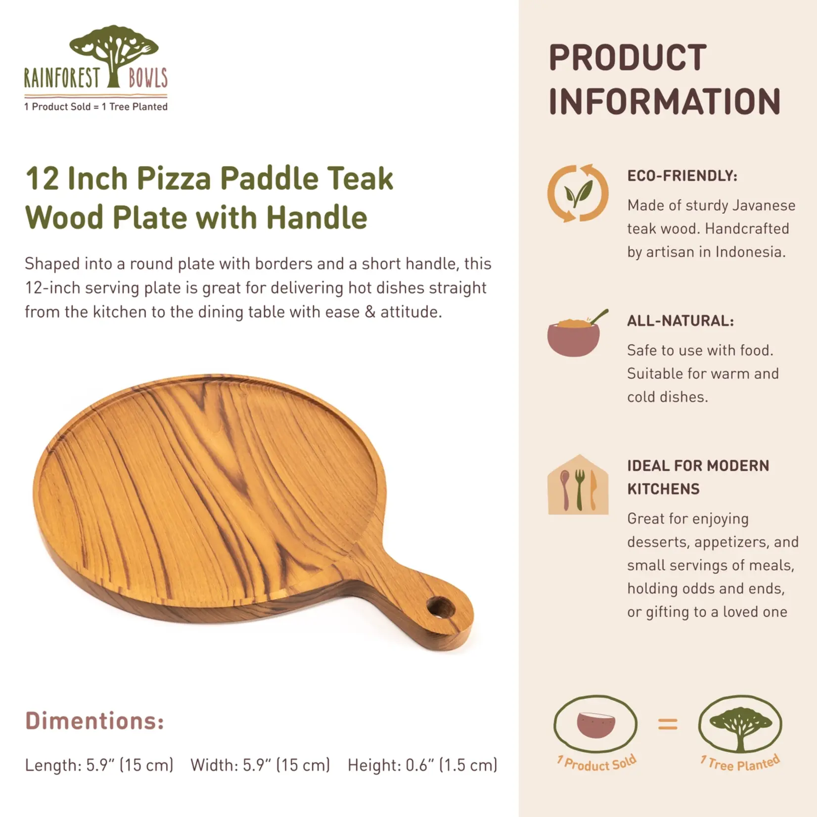 12" Teak Wood Pizza Board with Handle & Rim