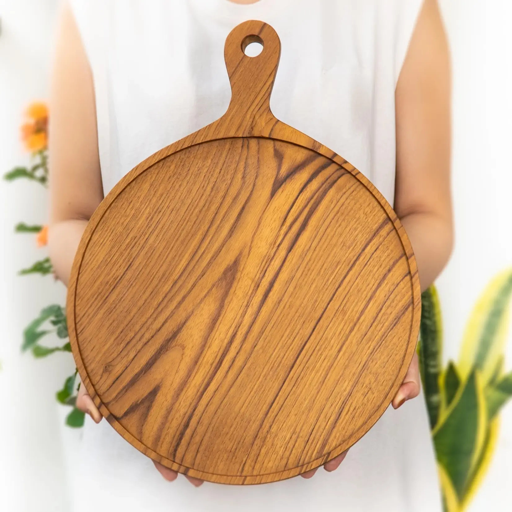 12" Teak Wood Pizza Board with Handle & Rim