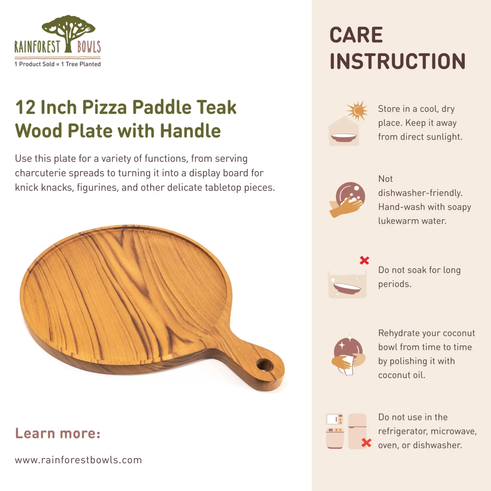 12" Teak Wood Pizza Board with Handle & Rim
