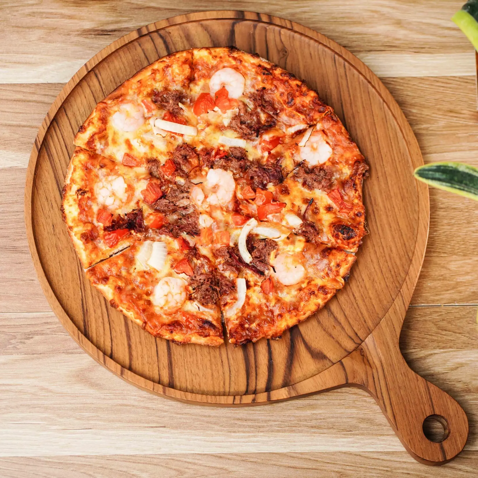 12" Teak Wood Pizza Board with Handle & Rim