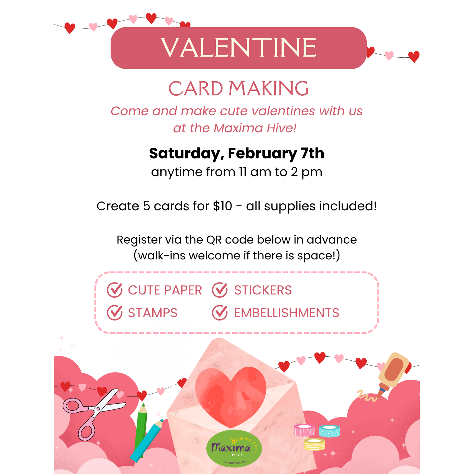 Valentine card making, Saturday, February 7th anytime from 11 am to 2 pm