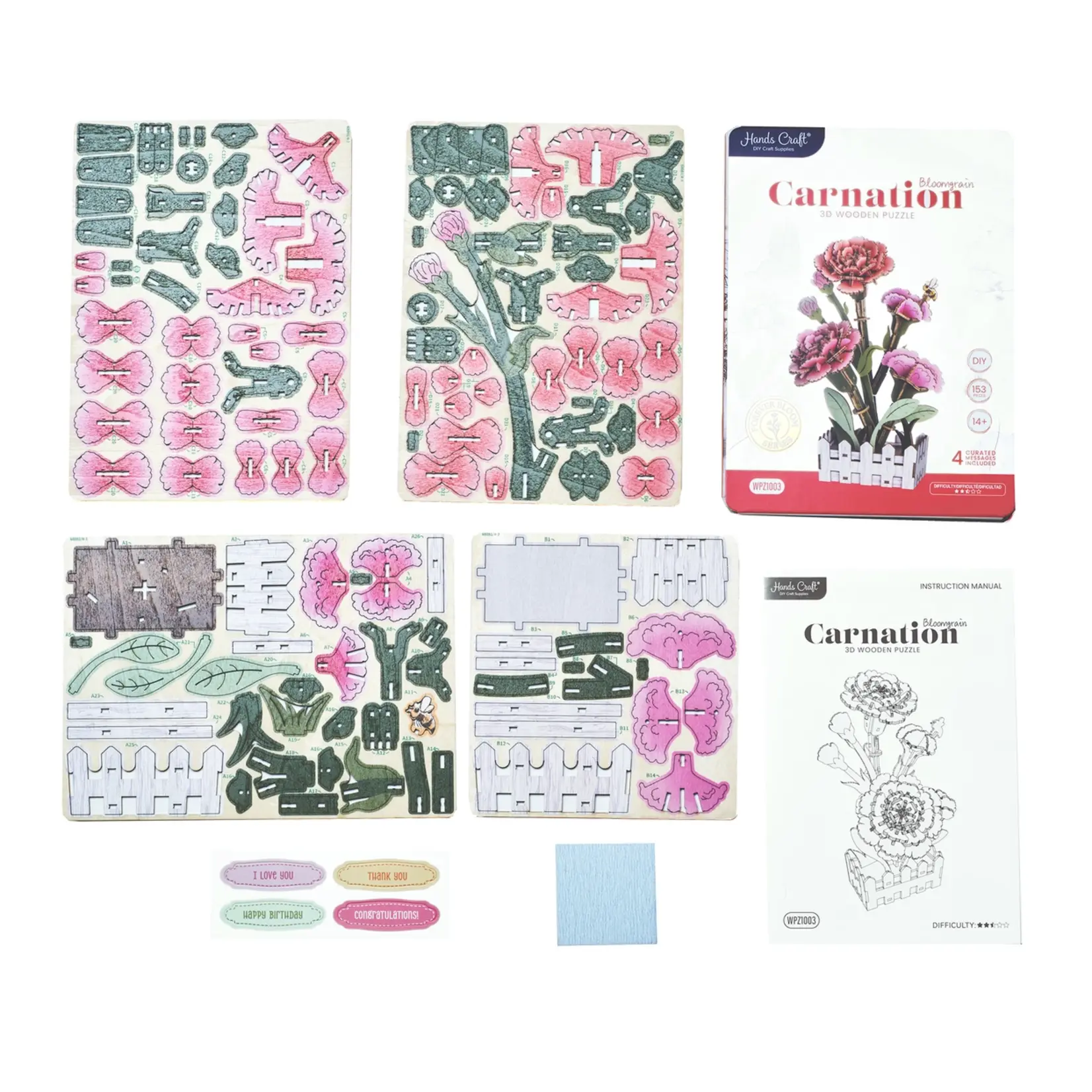 Hands Craft 3D Wooden Puzzle Kit - Carnation Bloom Set
