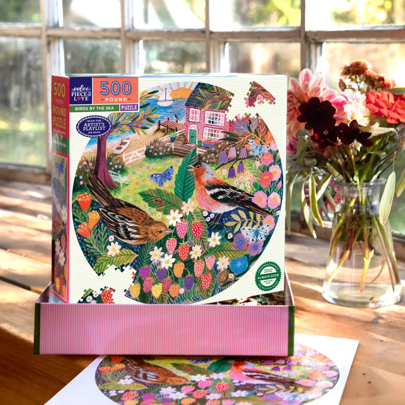 eeboo Birds by the Sea 500 Piece Round Puzzle