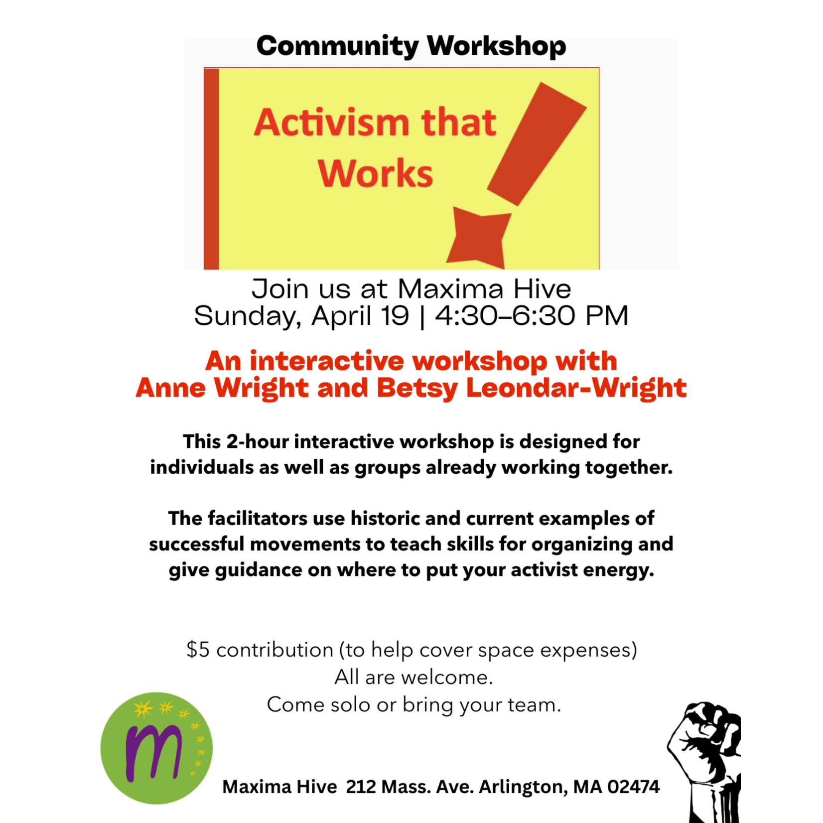 Activism That Works – Community Workshop Sun. April 19, 4:30 - 6:30 PM