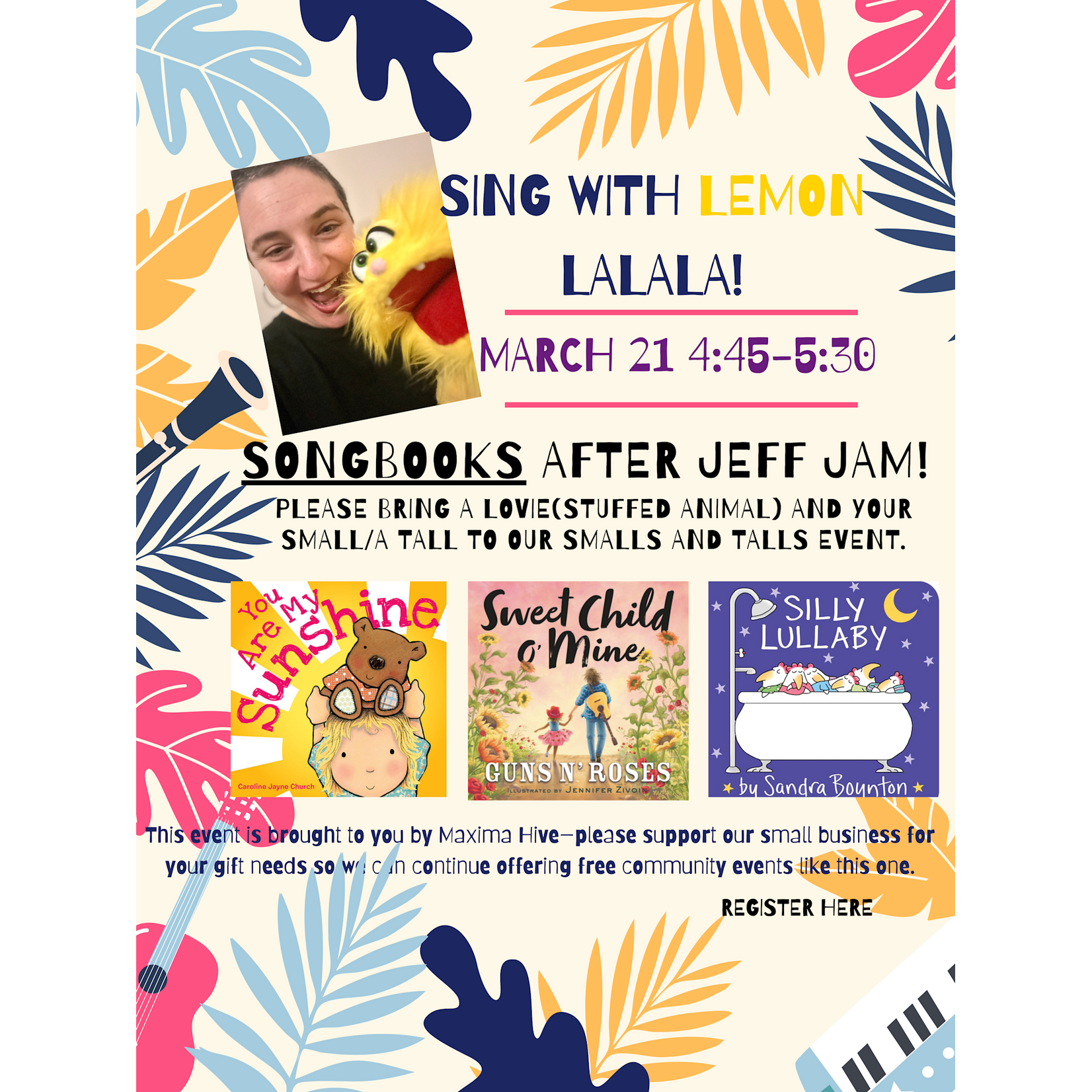 Sat. March 21 from 4:45-5:30 “Sing with Lemon Lalala!” A Gentle Hour of Stories & Puppets with Syd and Lemon