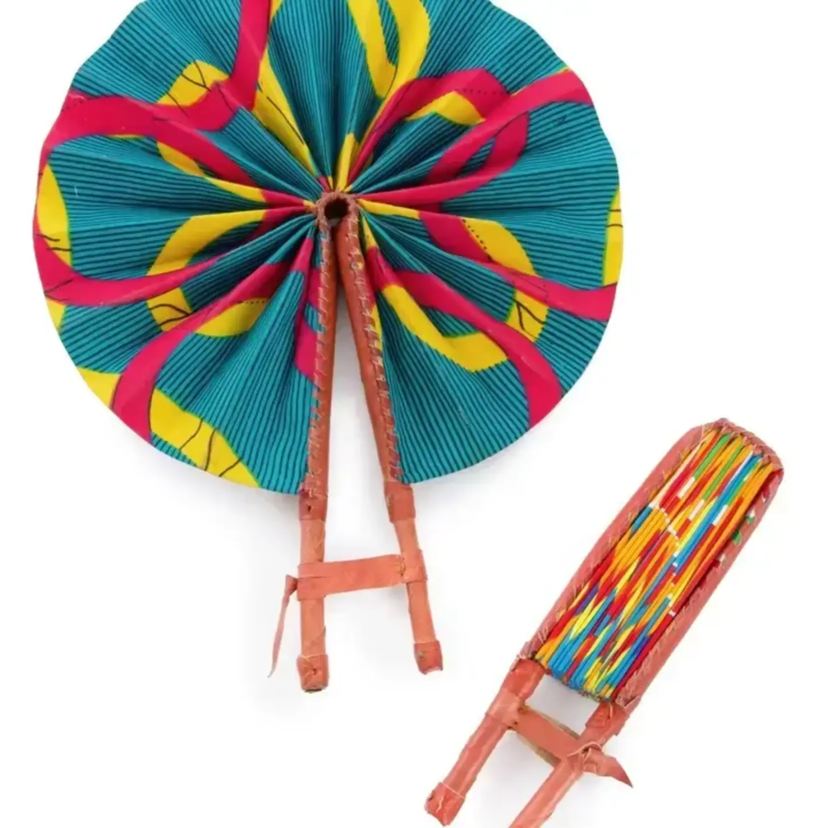 Ankara African Hand Fans with Brown Leather Handles