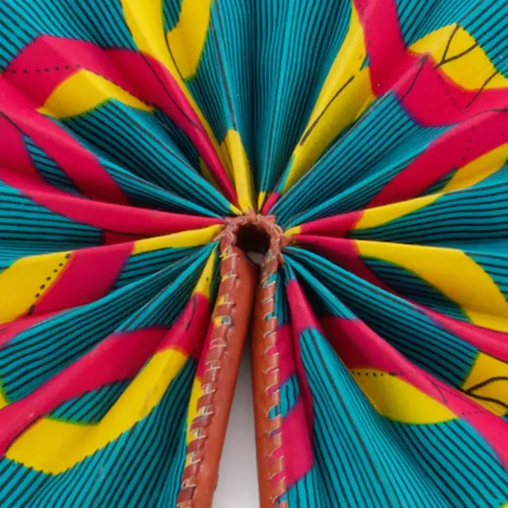 Ankara African Hand Fans with Brown Leather Handles