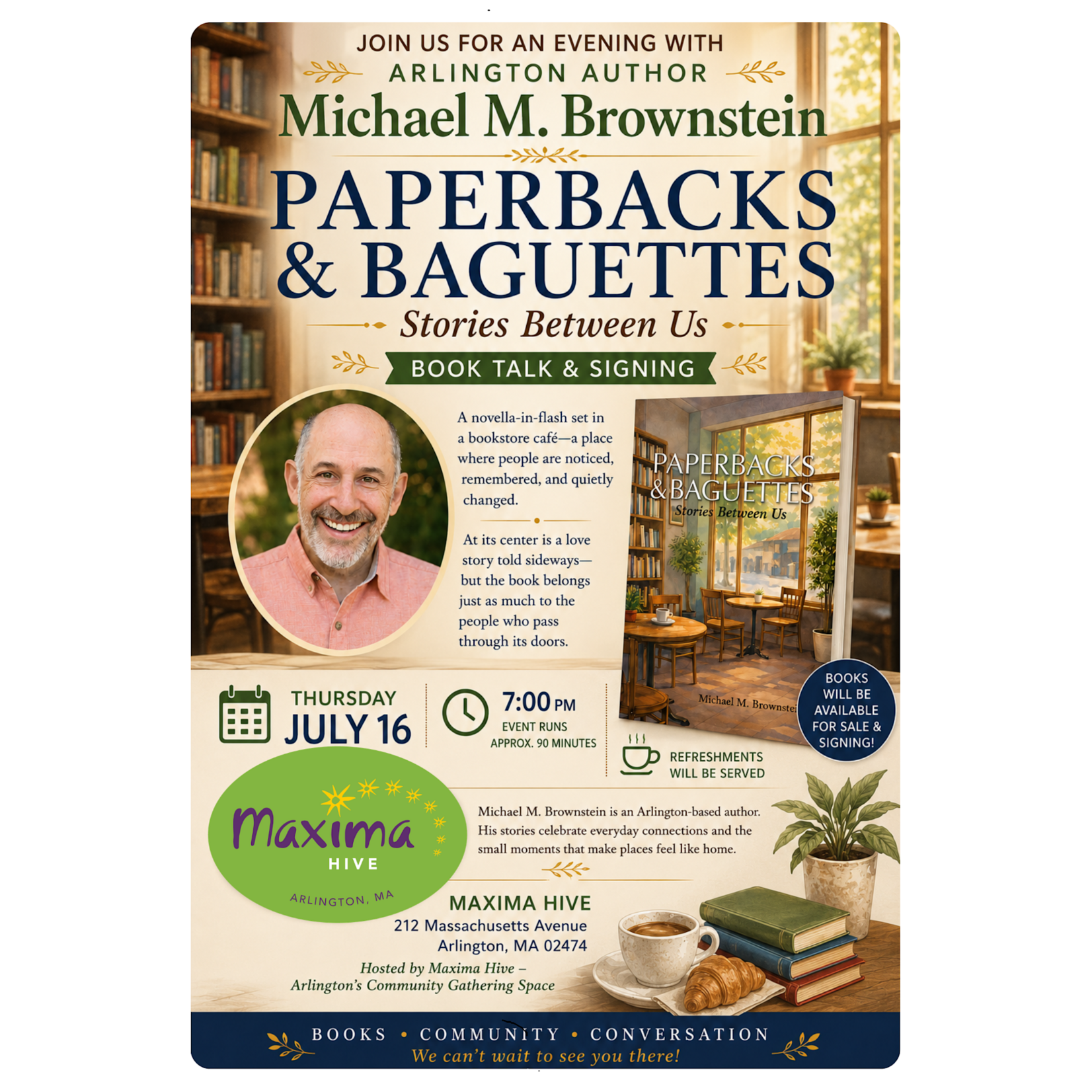 July 16th: Book Talk & Signing with Michael M. Brownstein , author of Paperbacks & Baguettes: Stories Between Us