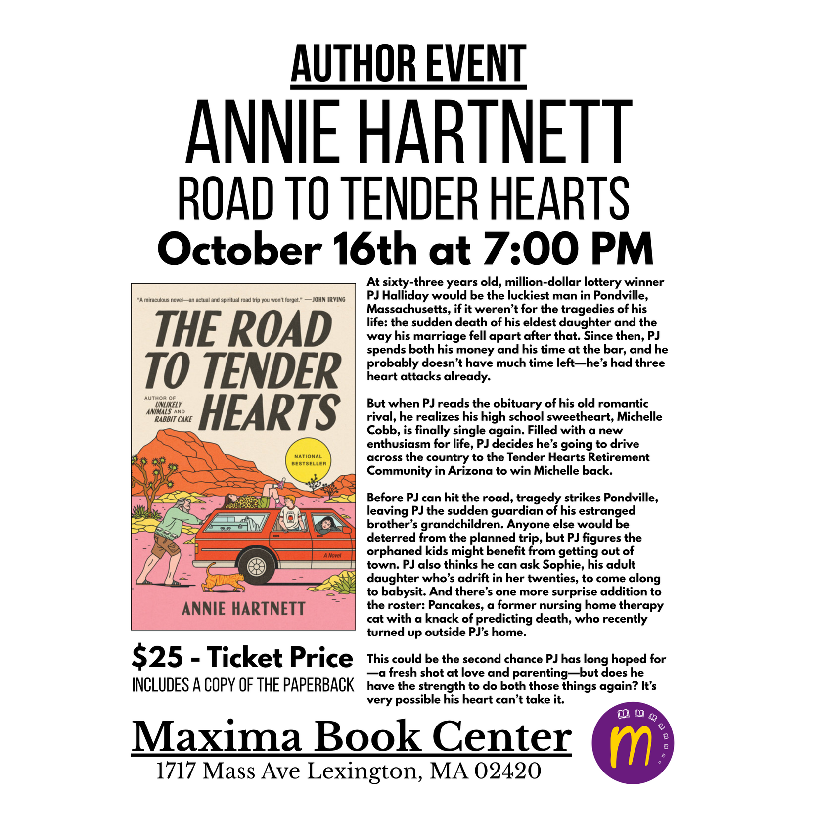 Author Event with Annie Hartnett "Road to Tender Hearts" - Friday Oct. 16th 2026 @7PM, Maxima Book Center (Lexington, MA)