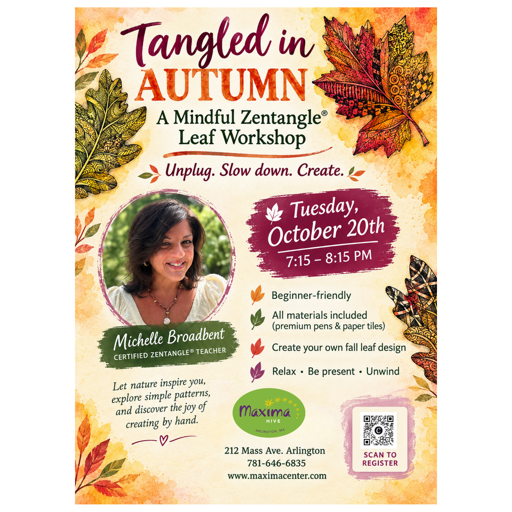 Tue. Oct. 20th Tangled in Autumn: A Mindful Zentangle® Leaf Workshop