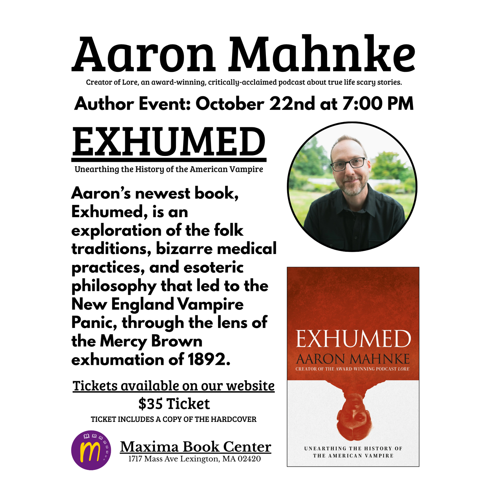 LEXINGTON - Author Event with Aaron Mahnke "Exhumed" - Thur Oct. 22nd 2026 @7PM