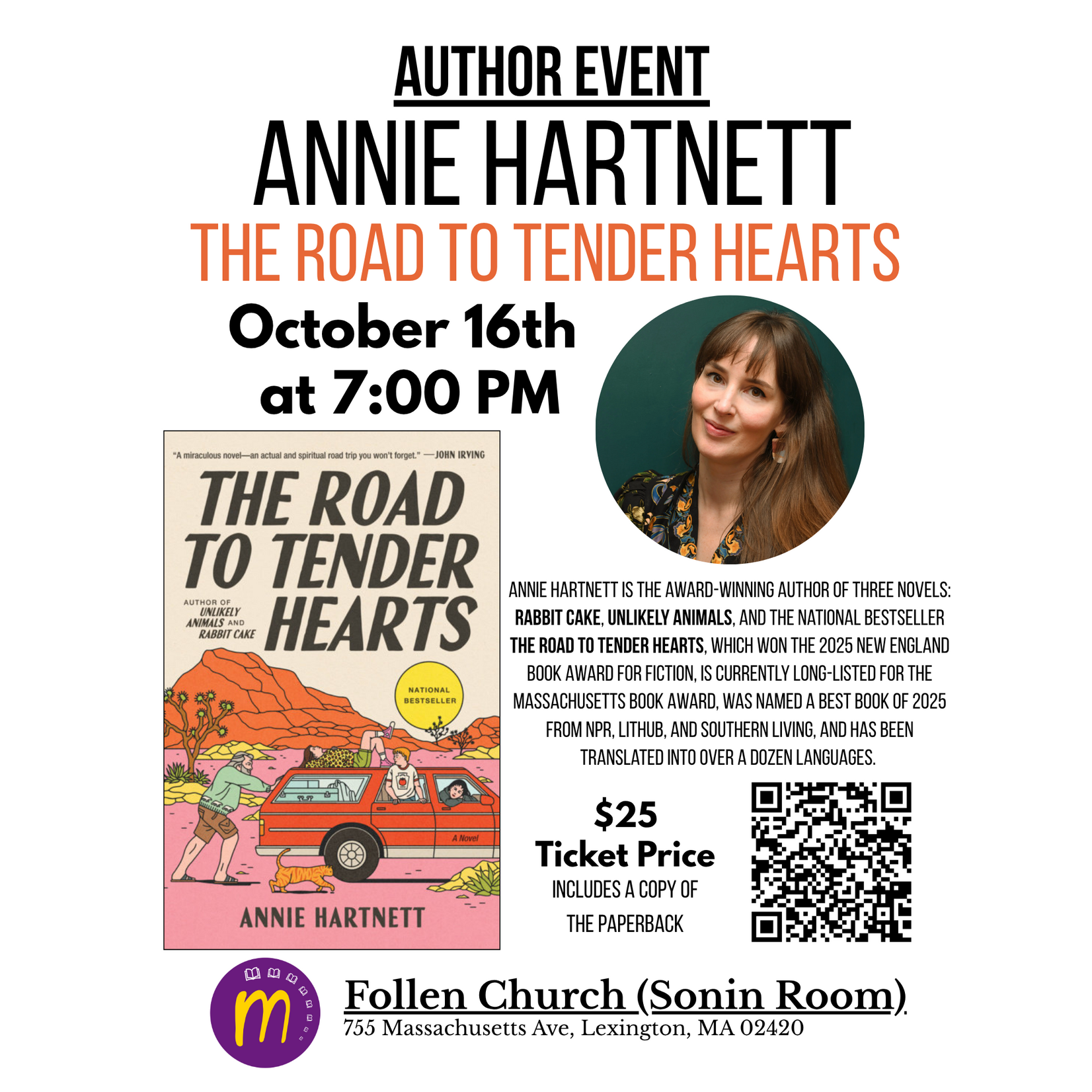 SOLD OUT - Author Event with Annie Hartnett "Road to Tender Hearts" - Friday Oct. 16th 2026 @7PM, Follen Church (Sonin Room) 755 Massachusetts Ave. Lexington, MA 02420