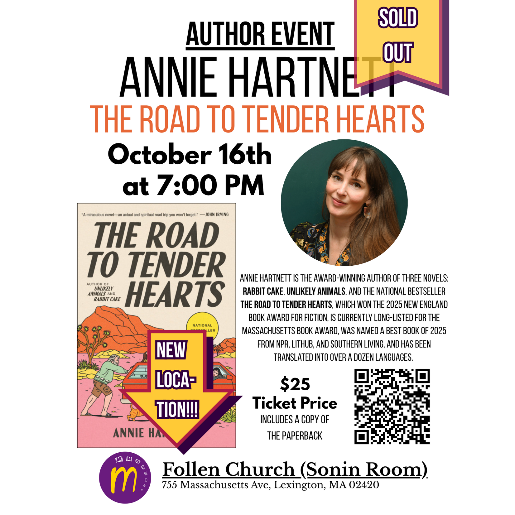 SOLD OUT - Author Event with Annie Hartnett "Road to Tender Hearts" - Friday Oct. 16th 2026 @7PM, Follen Church (Sonin Room) 755 Massachusetts Ave. Lexington, MA 02420