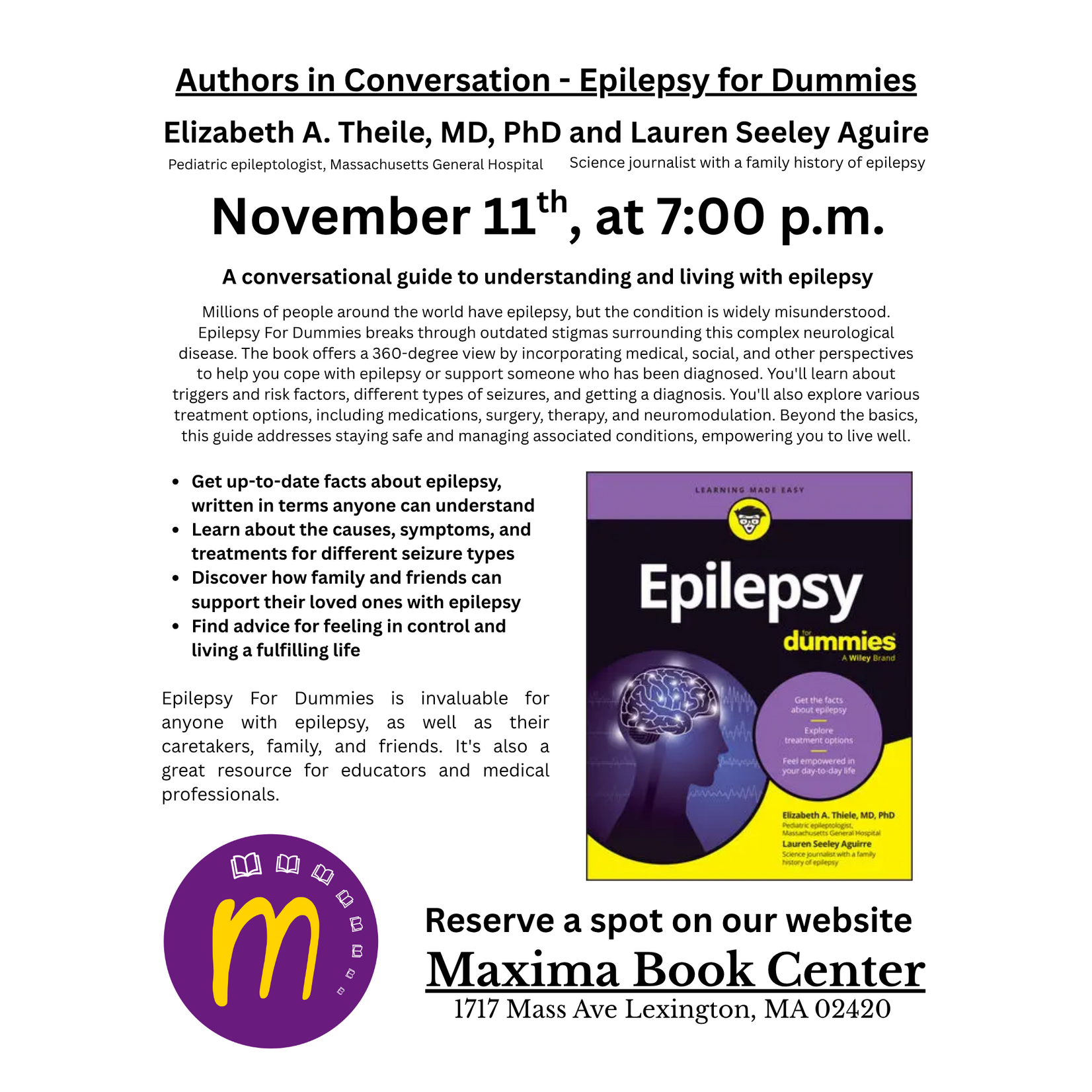 LEXINGTON - Authors in Conversation "Epilepsy for Dummies" Elizabeth A. Thiele & Lauren Seeley Aguirre - 11/11/26 @7pm