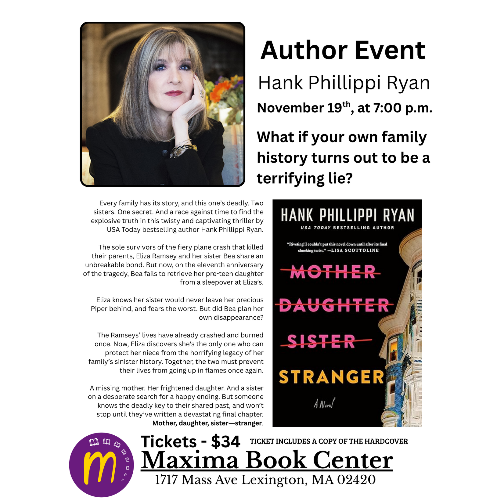 LEXINGTON Author Event - Hank Phillippi Ryan "Mother Daughter Sister Stranger" 11/19/26 @7pm