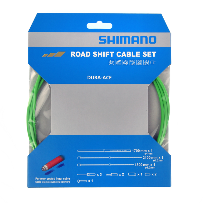 Shimano Road Shift Cable Set Housing: OT-SP41, 1700mm, Green Cables:  2100mm 1800mm, Polymer Coated Dura-Ace (Y63Z98990)
